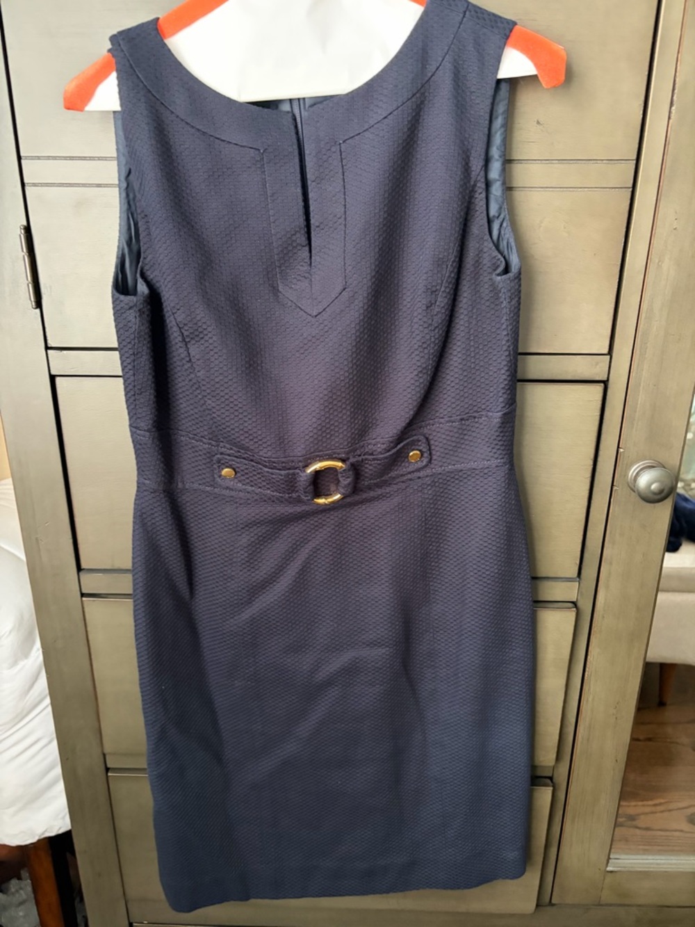 Sleeveless Textured Navy Midi Sheath Dress with Gold Buckle